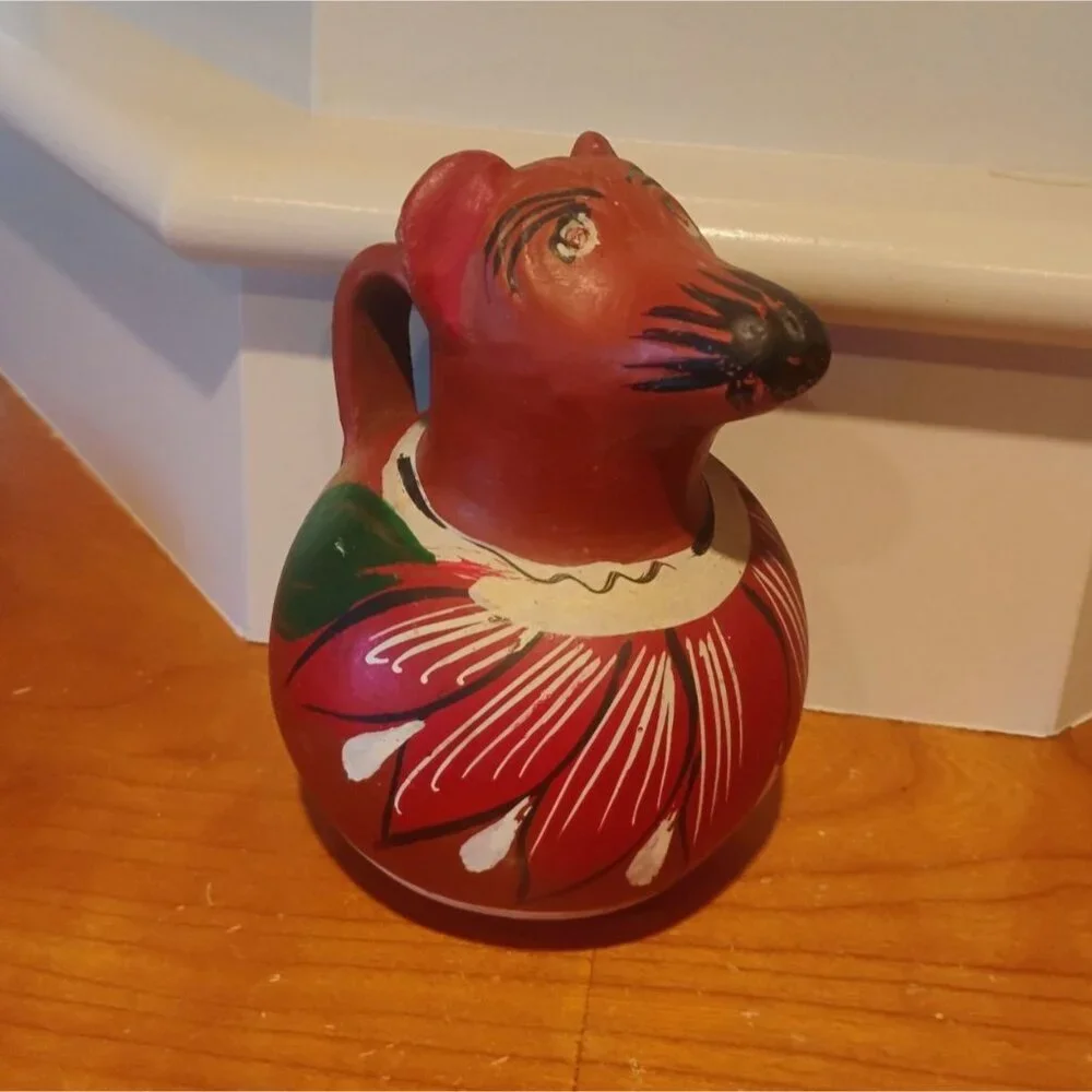Vintage Mexican Terracotta Folk Art Dog Pitcher Hand Painted Redware Clay 5 1/2" - Picture 3 of 8